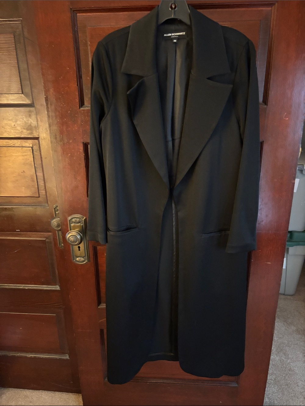 Allen Schwartz Black Long Satin Trench Coat with Tailored Lapels